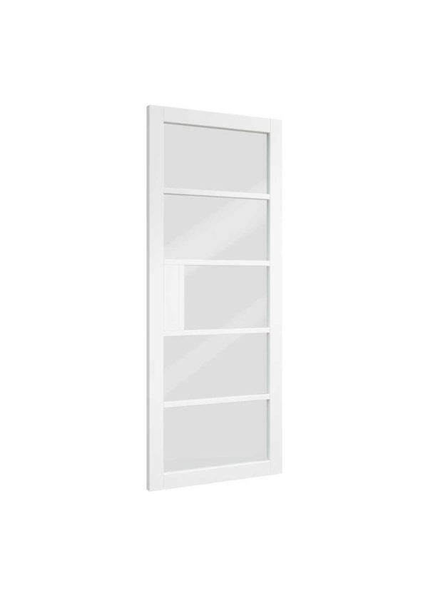 Premier White Collection the NM31GCPW door, a five-panel glass doors. Ryan's Timber